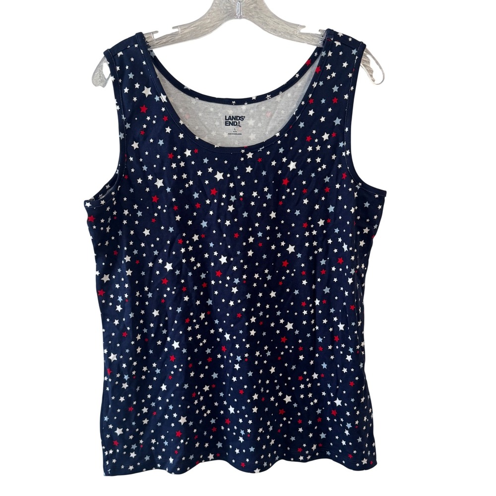 Lands End Womens Large 14-16 Tank Top Blue Red White Star Print Patriotic USA
